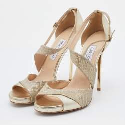 Pre Owned صندل جيمي تشو جلد وقماش لاميه ذهبي ميتاليك بحزام كاحل مقاس 41