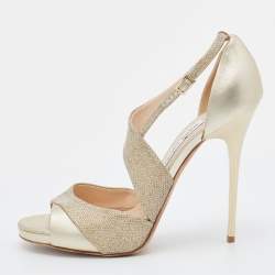 Pre Owned صندل جيمي تشو جلد وقماش لاميه ذهبي ميتاليك بحزام كاحل مقاس 41