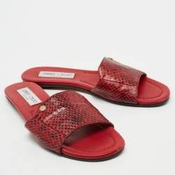 Pre Owned Jimmy Choo Red Snakeskin Leather Nanda Flat Slides Size 36