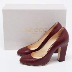 Pre Owned Jimmy Choo Dark Red Leather Billie Round Toe Block Heel Pumps Size 39