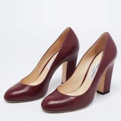 Pre Owned Jimmy Choo Dark Red Leather Billie Round Toe Block Heel Pumps Size 39