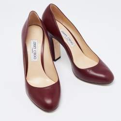 Pre Owned Jimmy Choo Dark Red Leather Billie Round Toe Block Heel Pumps Size 39