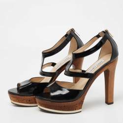Pre Owned Jimmy Choo Black Patent Leather Ankle Strap Platform Sandals Size 39.5