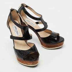 Pre Owned Jimmy Choo Black Patent Leather Ankle Strap Platform Sandals Size 39.5