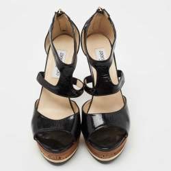 Pre Owned Jimmy Choo Black Patent Leather Ankle Strap Platform Sandals Size 39.5