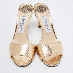 Pre Owned Jimmy Choo Gold Snakeskin Embossed Leather Slide Sandals Size 36