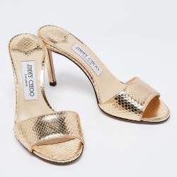 Pre Owned Jimmy Choo Gold Snakeskin Embossed Leather Slide Sandals Size 36