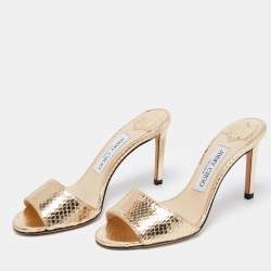 Pre Owned Jimmy Choo Gold Snakeskin Embossed Leather Slide Sandals Size 36