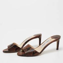 مملوكة مسبقًا Jimmy Choo Brown/Black Lizard Embossed Leather Stacey Slide Sandals Size 36