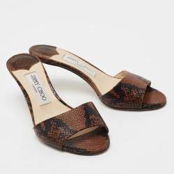 مملوكة مسبقًا Jimmy Choo Brown/Black Lizard Embossed Leather Stacey Slide Sandals Size 36