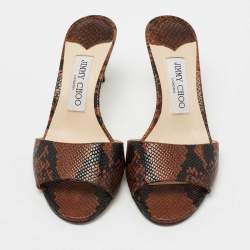 مملوكة مسبقًا Jimmy Choo Brown/Black Lizard Embossed Leather Stacey Slide Sandals Size 36