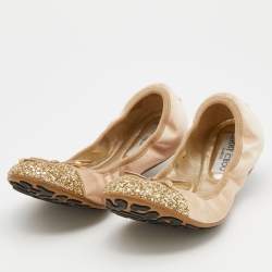 مملوكة مسبقًا Jimmy Choo Metallic Gold Satin And Glitter Cap Toe Bow Scrunch Ballet Flats Size 38