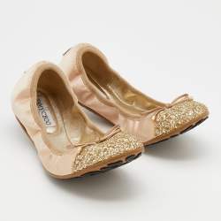 مملوكة مسبقًا Jimmy Choo Metallic Gold Satin And Glitter Cap Toe Bow Scrunch Ballet Flats Size 38