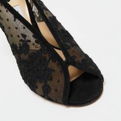 Pre Owned Jimmy Choo Black Lace Shar Open-Toe Slingback Sandals Size 37.5