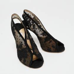 Pre Owned Jimmy Choo Black Lace Shar Open-Toe Slingback Sandals Size 37.5