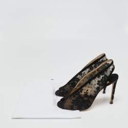 Pre Owned Jimmy Choo Black Lace Shar Open-Toe Slingback Sandals Size 37.5