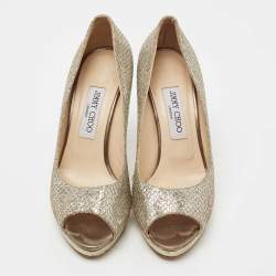 مملوكة مسبقًا Jimmy Choo Metallic Silver/Gold Glitter Peep Toe  Platform Pumps Size 38.5