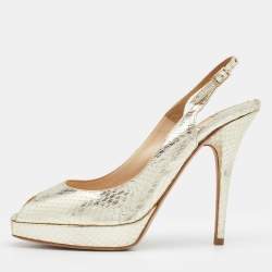 Jimmy Choo Metallic Gold Snakeskin Embossed Leather Platform Slingback Sandals Size 39