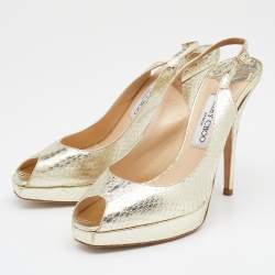 Jimmy Choo Metallic Gold Snakeskin Embossed Leather Platform Slingback Sandals Size 39
