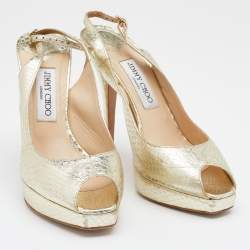 Jimmy Choo Metallic Gold Snakeskin Embossed Leather Platform Slingback Sandals Size 39