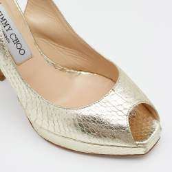 Jimmy Choo Metallic Gold Snakeskin Embossed Leather Platform Slingback Sandals Size 39