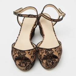 مملوكة مسبقًا Jimmy Choo Beige/Black Cork And Lace Wedge Ankle Strap Sandals Size 37.5