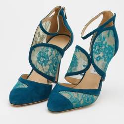 Pre Owned Jimmy Choo Blue Lace And Suede Fyber D'orsay Pumps Size 41
