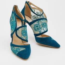 Pre Owned Jimmy Choo Blue Lace And Suede Fyber D'orsay Pumps Size 41
