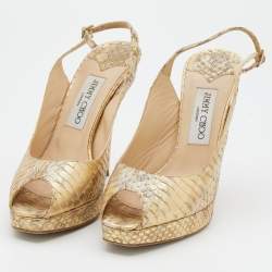 Jimmy Choo Metallic Gold Watersnake Platform Slingback Peep Toe Pumps Size 37.5