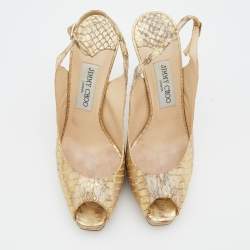 Jimmy Choo Metallic Gold Watersnake Platform Slingback Peep Toe Pumps Size 37.5