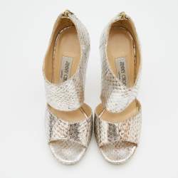 Jimmy Choo Metallic Silver Python Leather Private Open Toe Pumps Size 37.5