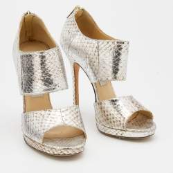 Jimmy Choo Metallic Silver Python Leather Private Open Toe Pumps Size 37.5