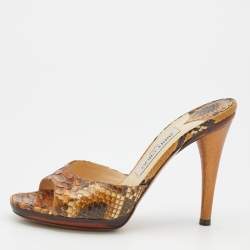 Jimmy Choo Brown/Beige Python Leather Open Toe Slide Sandals Size 38
