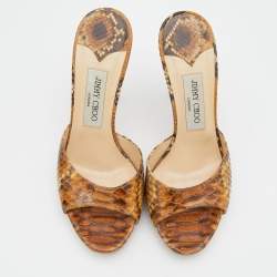 Jimmy Choo Brown/Beige Python Leather Open Toe Slide Sandals Size 38