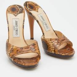 Jimmy Choo Brown/Beige Python Leather Open Toe Slide Sandals Size 38