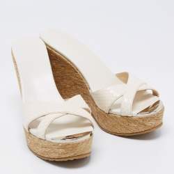 Pre Owned Jimmy Choo Off-White Snakeskin Leather Prima Wedge Slide Sandals Size 38