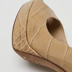 Pre Owned Jimmy Choo Beige Croc Embossed Leather Peep Toe Platform Pumps Size 37.5