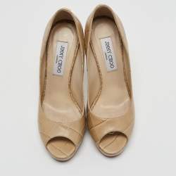 Pre Owned Jimmy Choo Beige Croc Embossed Leather Peep Toe Platform Pumps Size 37.5