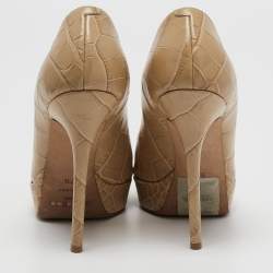 Pre Owned Jimmy Choo Beige Croc Embossed Leather Peep Toe Platform Pumps Size 37.5