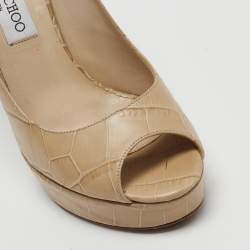Pre Owned Jimmy Choo Beige Croc Embossed Leather Peep Toe Platform Pumps Size 37.5