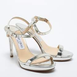 Pre Owned Jimmy Choo Silver Leather Ankle Strap Sandals Size 36
