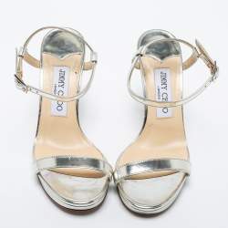 Pre Owned Jimmy Choo Silver Leather Ankle Strap Sandals Size 36