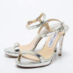 Pre Owned Jimmy Choo Silver Leather Ankle Strap Sandals Size 36