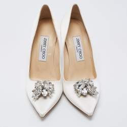 Pre Owned Jimmy Choo White Satin Manda Crystal Embellished Pointed Toe Pumps Size 37.5