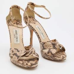 Pre Owned Jimmy Choo Beige/Black Snakeskin Leather Ankle Strap Sandals Size 36