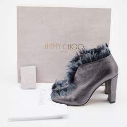 Pre Owned Jimmy Choo Metallic Grey Leather and Fabric Ladine Ankle Booties Size 39