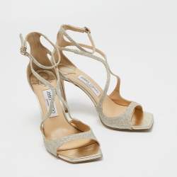 Pre Owned Jimmy Choo Metallic Gold Glitter Ankle Strap Sandals Size 38 .5 