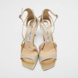 Pre Owned Jimmy Choo Metallic Gold Glitter Ankle Strap Sandals Size 38 .5 