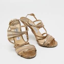 Jimmy Choo Metallic Gold Mesh and Leather Ankle Strap Sandals Size 36