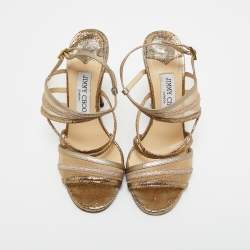 Jimmy Choo Metallic Gold Mesh and Leather Ankle Strap Sandals Size 36